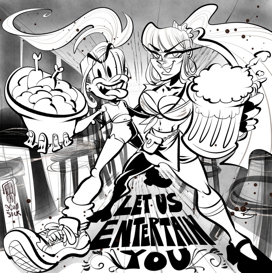 Let Us Entertain You! By SKUMSUCK (commission, Mei & her OC, Liv, B&W Ver.) Yes Mei canonically works @ the Tilted Kilt.